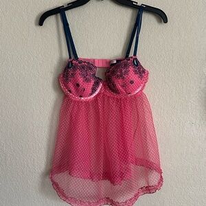 Victoria's Secret SEXY LITTLE THINGS Pink Polka Dot Blue Trim Baby Doll Size 36C